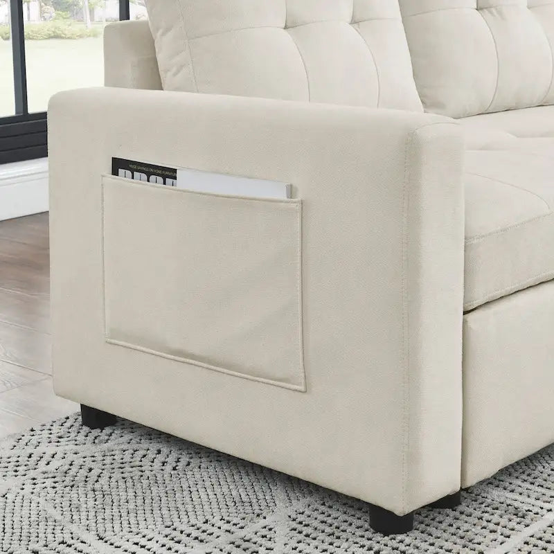 Beige 78.5" Reversible 3 Seater Sleeper with Storage Chaise, Pull-Out Bed and Side Pocket