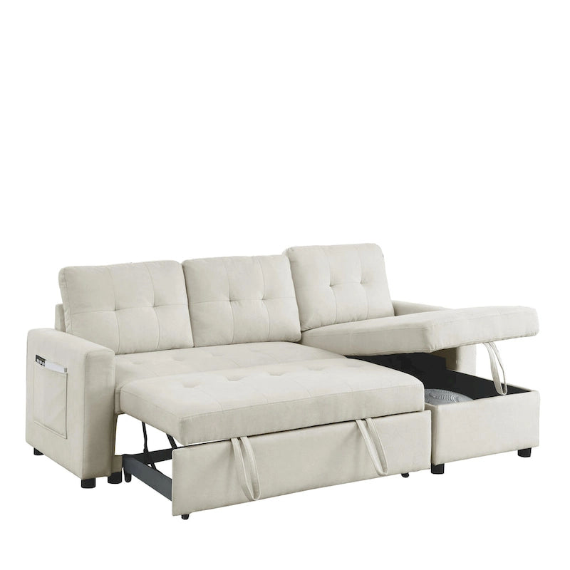 Beige 78.5" Reversible 3 Seater Sleeper with Storage Chaise, Pull-Out Bed and Side Pocket