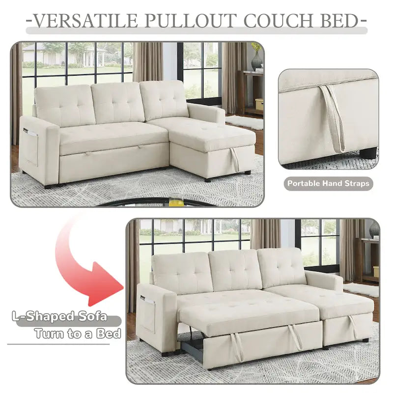 Beige 78.5" Reversible 3 Seater Sleeper with Storage Chaise, Pull-Out Bed and Side Pocket