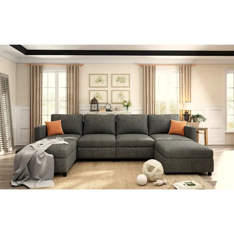 Grey 123U-Shaped 4-Seater Modular Sectional with Storage Ottomans, Easy to Assemble and Transport