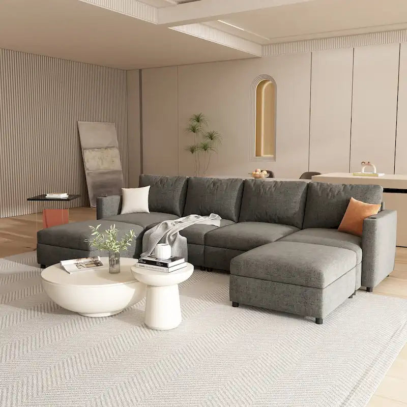 Grey 123U-Shaped 4-Seater Modular Sectional with Storage Ottomans, Easy to Assemble and Transport