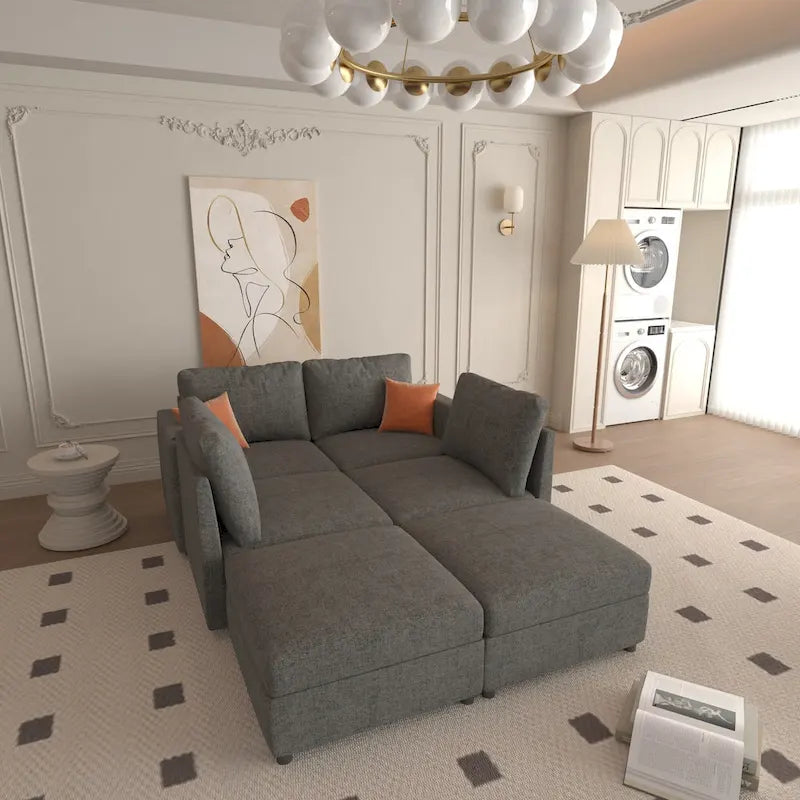 Grey 123U-Shaped 4-Seater Modular Sectional with Storage Ottomans, Easy to Assemble and Transport