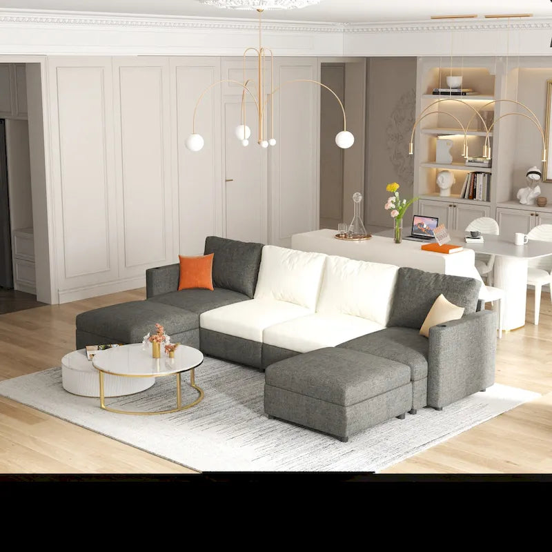 Grey 123U-Shaped 4-Seater Modular Sectional with Storage Ottomans, Easy to Assemble and Transport