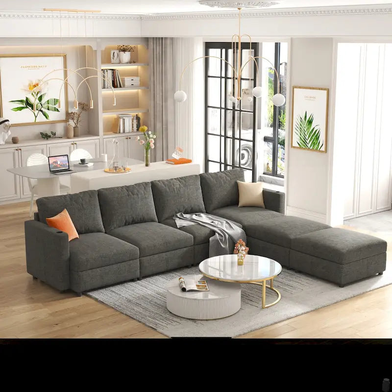 Grey 123U-Shaped 4-Seater Modular Sectional with Storage Ottomans, Easy to Assemble and Transport