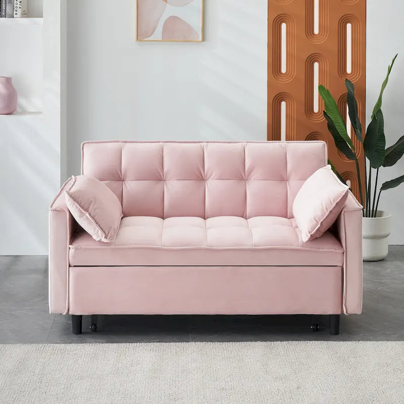 Pink Modern 553 in 1 Velvet Loveseat Convertible Sofa Bed with Backrest and Pillows for Living Room