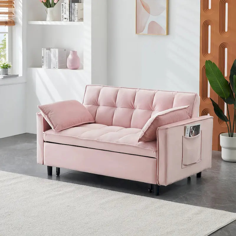 Pink Modern 553 in 1 Velvet Loveseat Convertible Sofa Bed with Backrest and Pillows for Living Room
