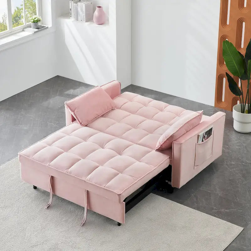 Pink Modern 553 in 1 Velvet Loveseat Convertible Sofa Bed with Backrest and Pillows for Living Room