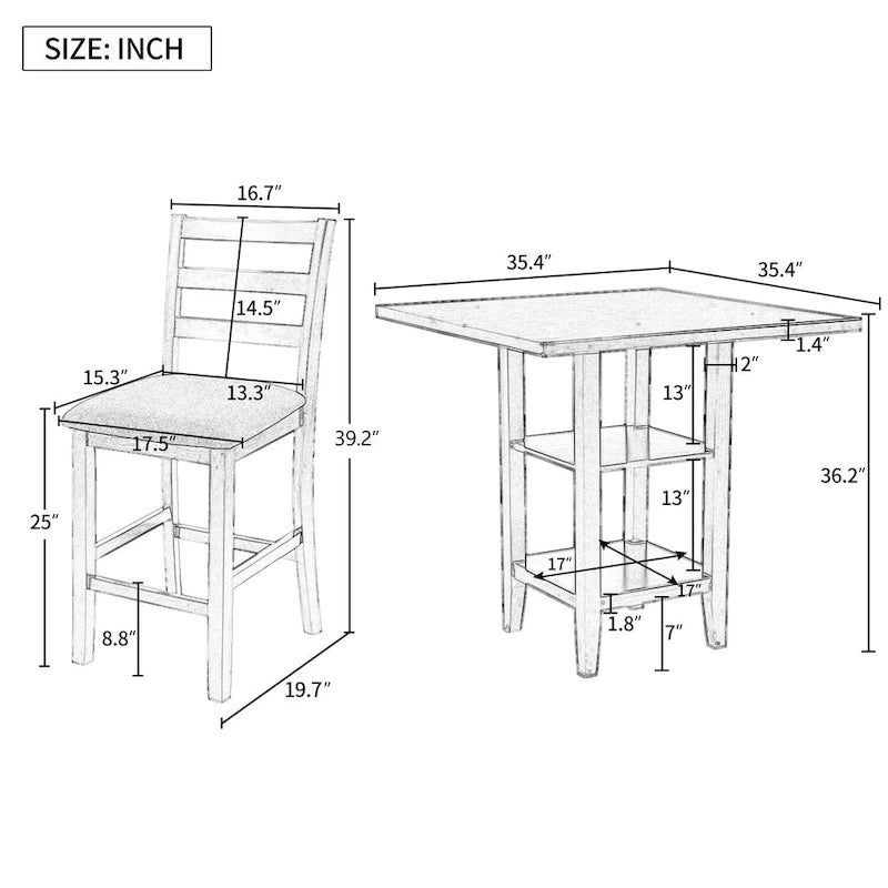 5-Piece Counter Height Wooden Dining Table Set with 4 Chairs & Shelf