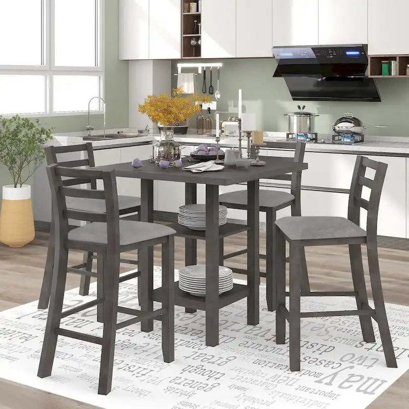 5-Piece Counter Height Wooden Dining Table Set with 4 Chairs & Shelf