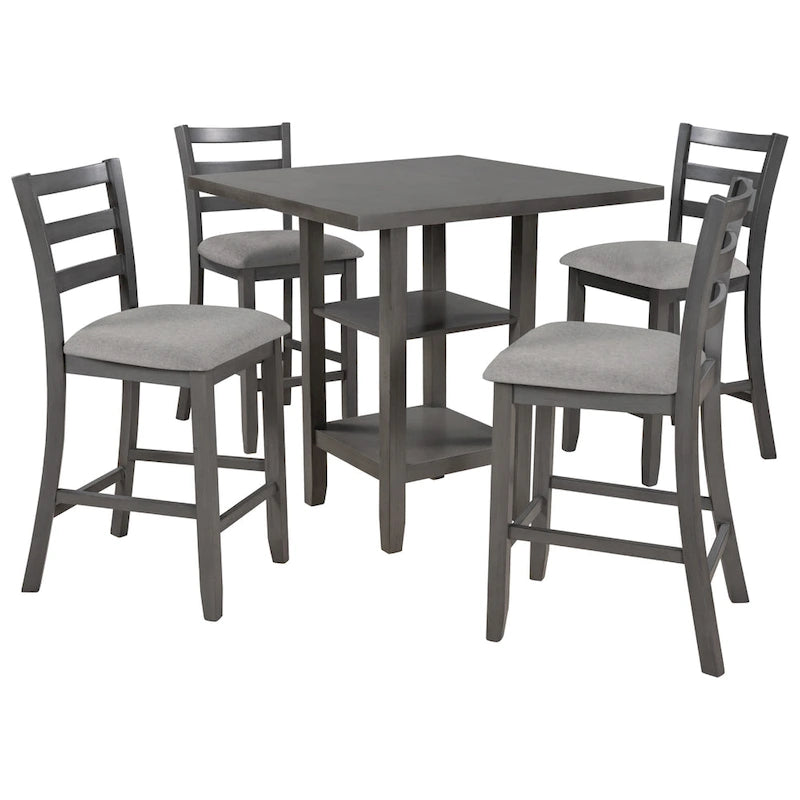 5-Piece Counter Height Wooden Dining Table Set with 4 Chairs & Shelf