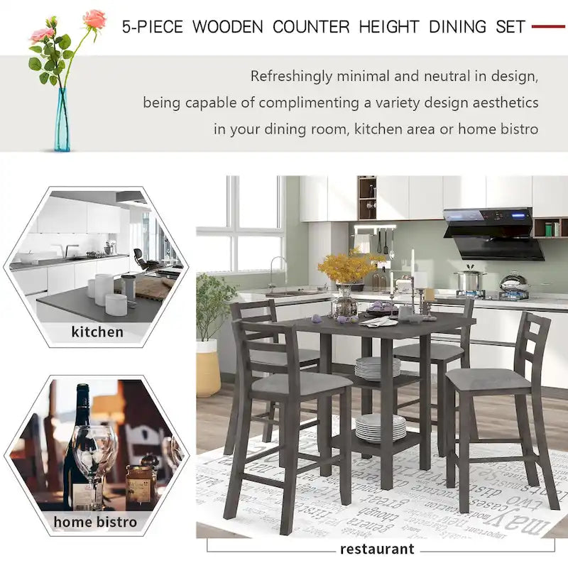 5-Piece Counter Height Wooden Dining Table Set with 4 Chairs & Shelf