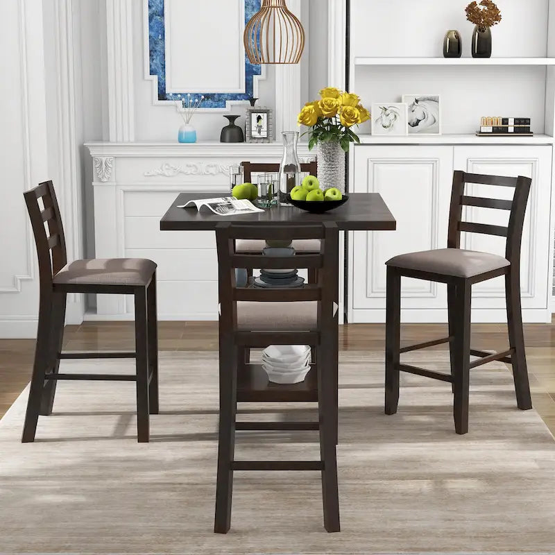 5-Piece Counter Height Wooden Dining Table Set with 4 Chairs & Shelf