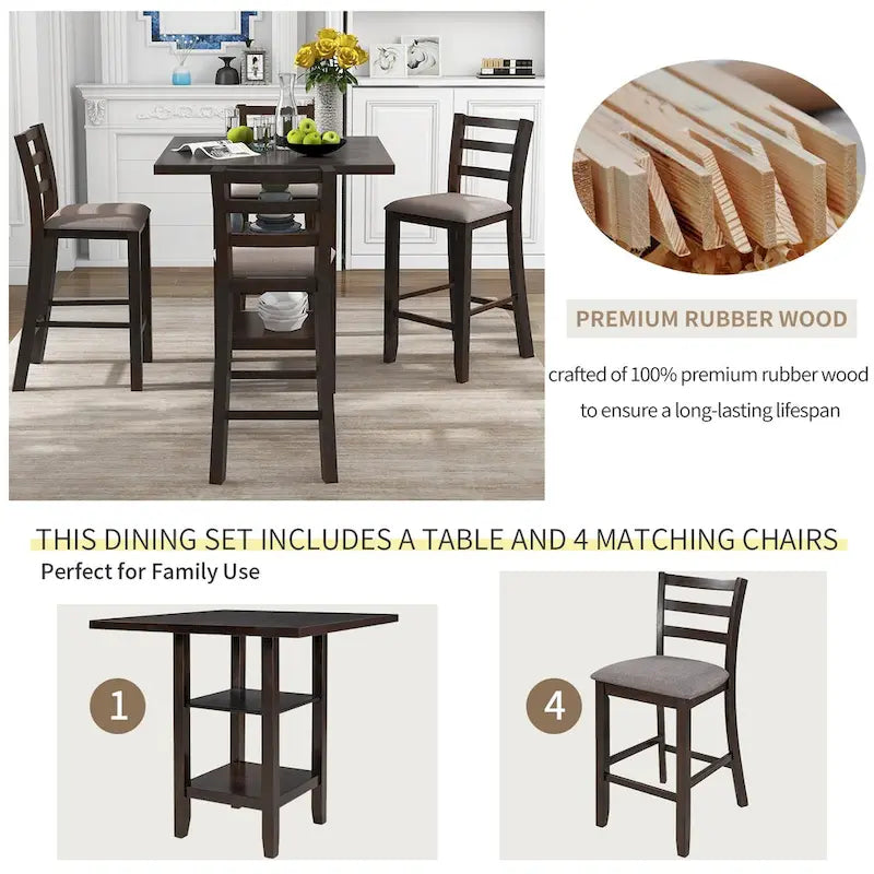 5-Piece Counter Height Wooden Dining Table Set with 4 Chairs & Shelf