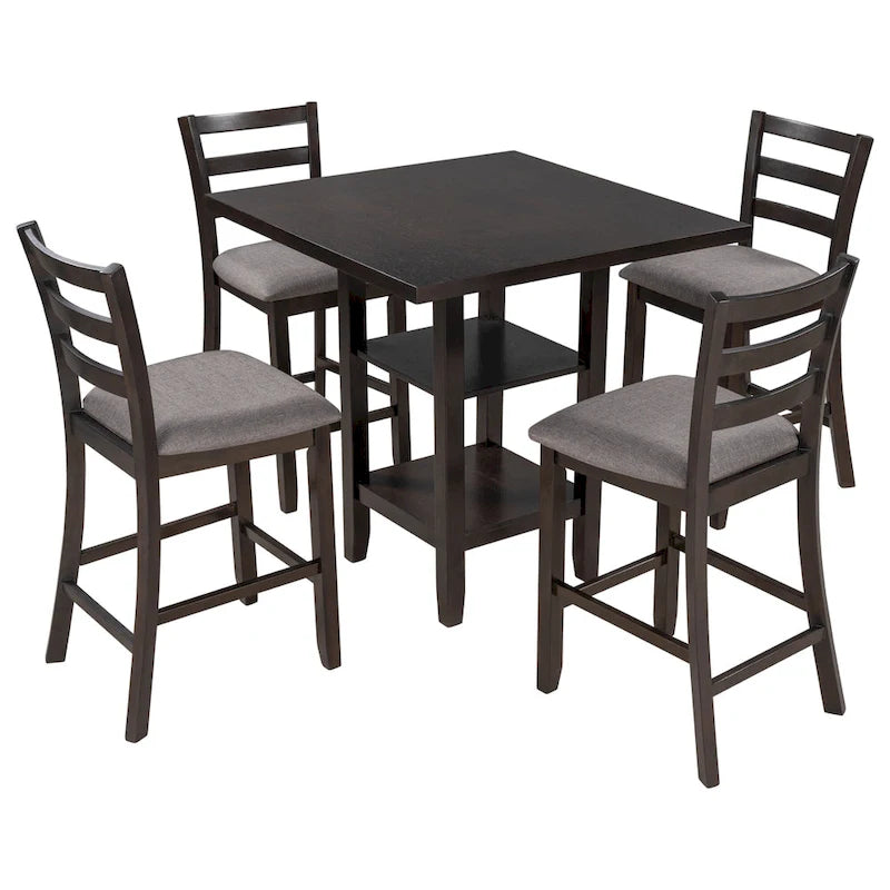 5-Piece Counter Height Wooden Dining Table Set with 4 Chairs & Shelf