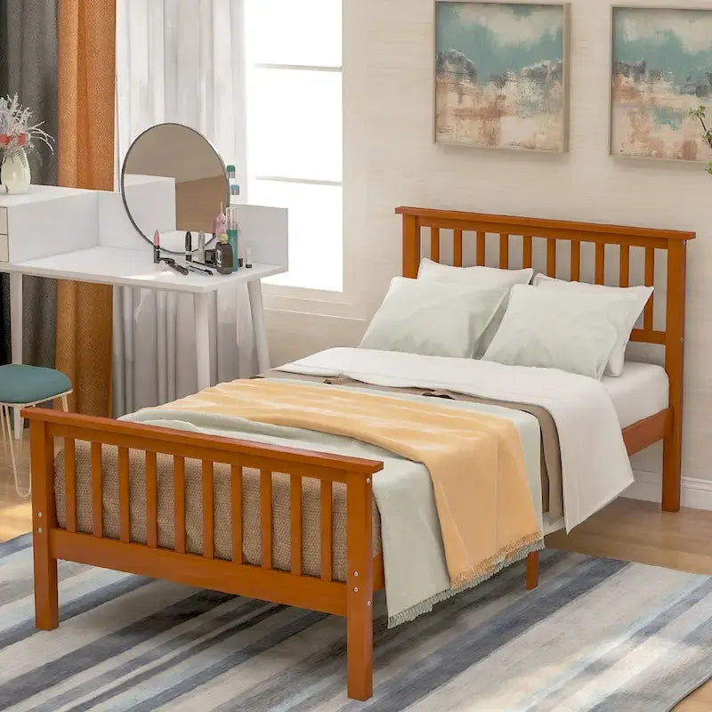 Wood Platform Bed with Open-slatted Headboard and Footboard