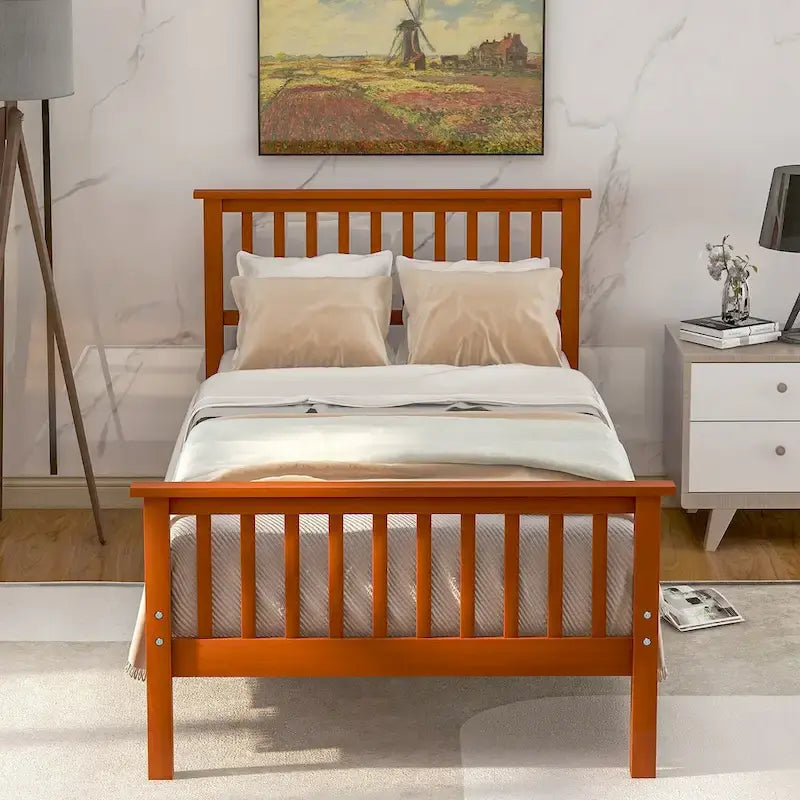 Wood Platform Bed with Open-slatted Headboard and Footboard