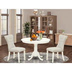  3 Piece Dining Table Set- a Kitchen Table with Pedestal and 2 Linen Fabric Parsons Chairs(Finish Options)