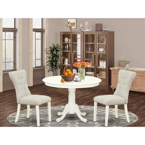  3 Piece Dining Table Set- a Kitchen Table with Pedestal and 2 Linen Fabric Parsons Chairs(Finish Options)