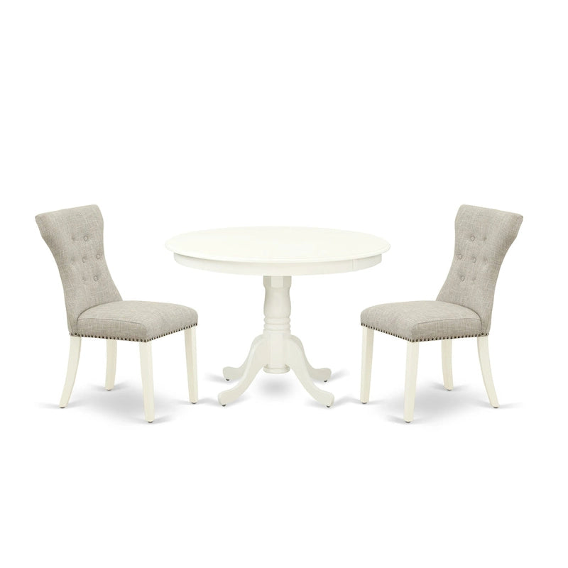 3 Piece Dining Table Set- a Kitchen Table with Pedestal and 2 Linen Fabric Parsons Chairs(Finish Options)