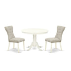 3 Piece Dining Table Set- a Kitchen Table with Pedestal and 2 Linen Fabric Parsons Chairs(Finish Options)
