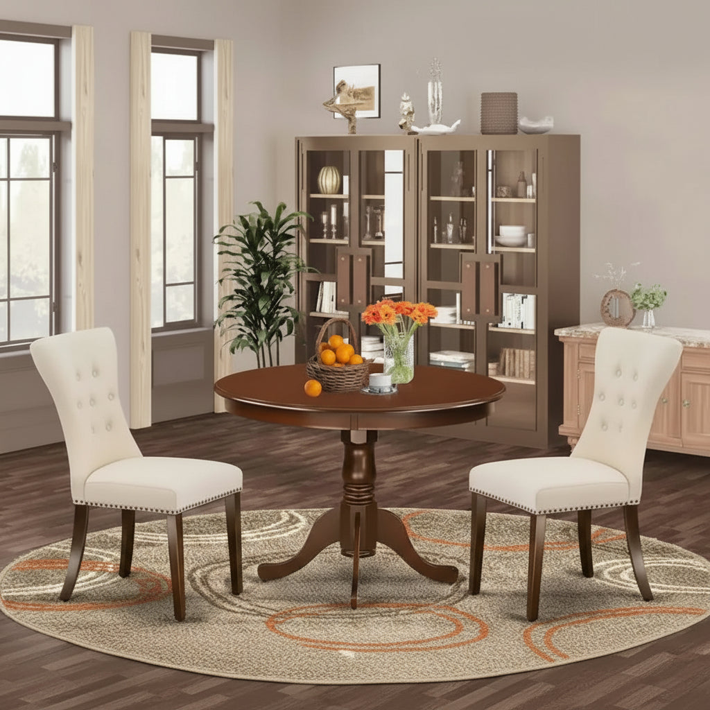 3 Piece Dining Table Set- a Kitchen Table with Pedestal and 2 Linen Fabric Parsons Chairs(Finish Options)