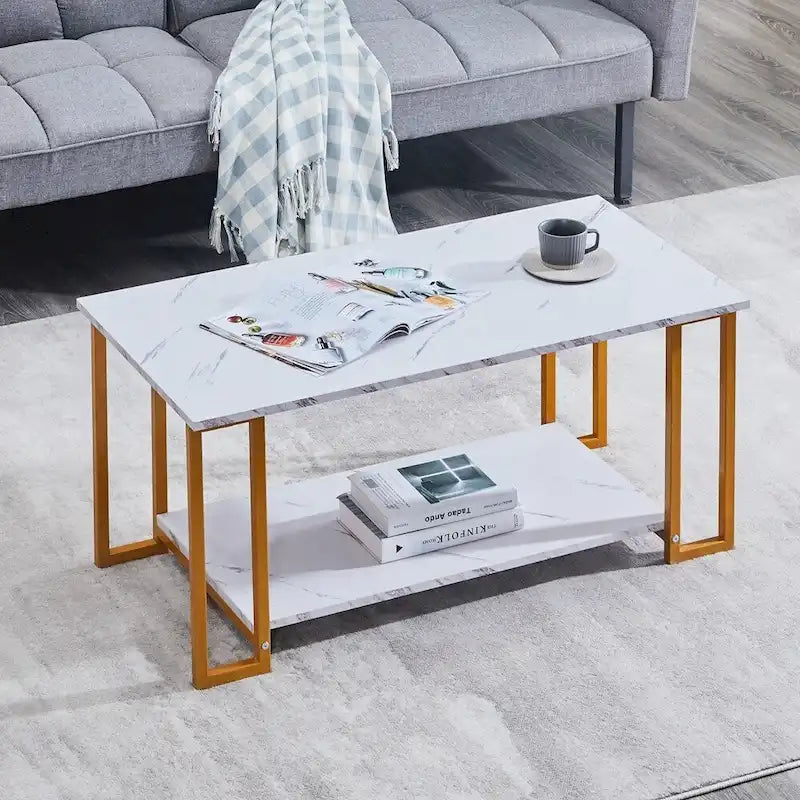 39.37L MDF Rectangle Tabletop Iron Coffee Table , Dining Room, Coffee Shop, Resterant, White Top, Gold Leg