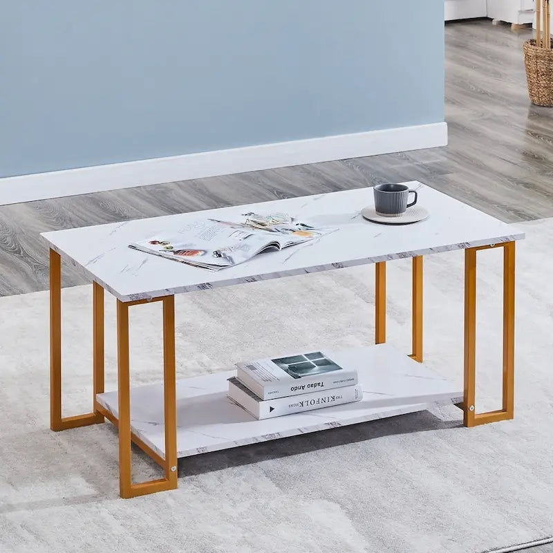 39.37L MDF Rectangle Tabletop Iron Coffee Table , Dining Room, Coffee Shop, Resterant, White Top, Gold Leg