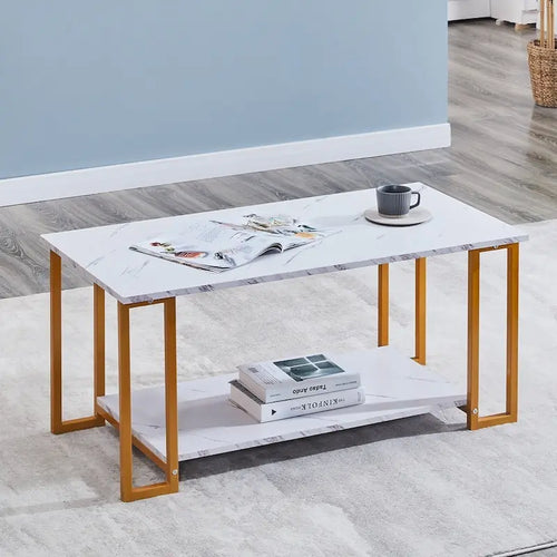 39.37L MDF Rectangle Tabletop Iron Coffee Table , Dining Room, Coffee Shop, Resterant, White Top, Gold Leg