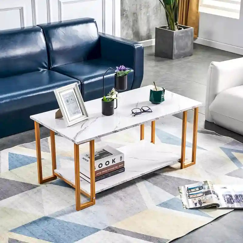 39.37L MDF Rectangle Tabletop Iron Coffee Table , Dining Room, Coffee Shop, Resterant, White Top, Gold Leg