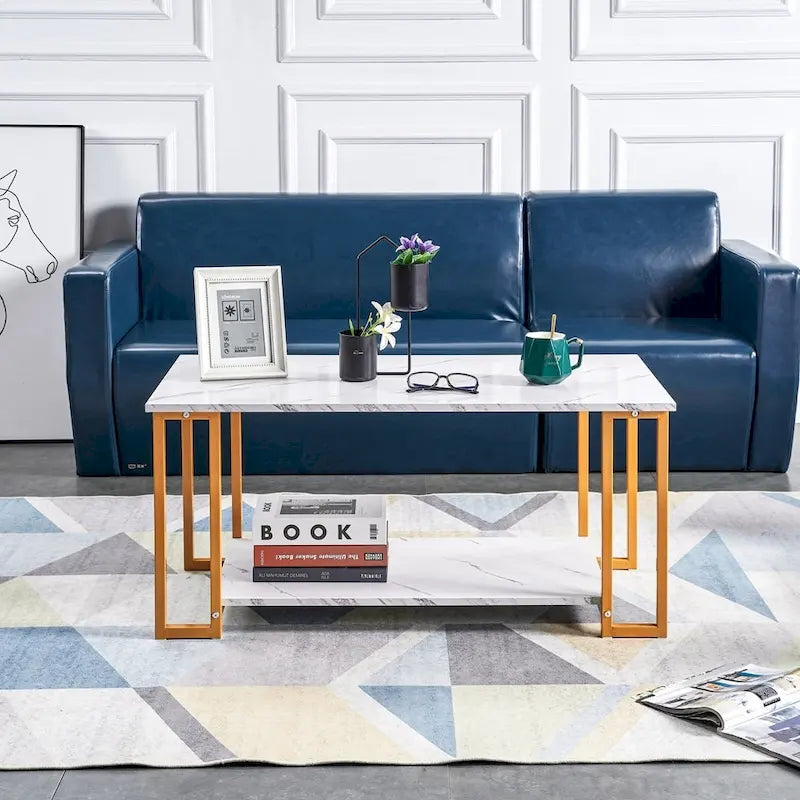 39.37L MDF Rectangle Tabletop Iron Coffee Table , Dining Room, Coffee Shop, Resterant, White Top, Gold Leg