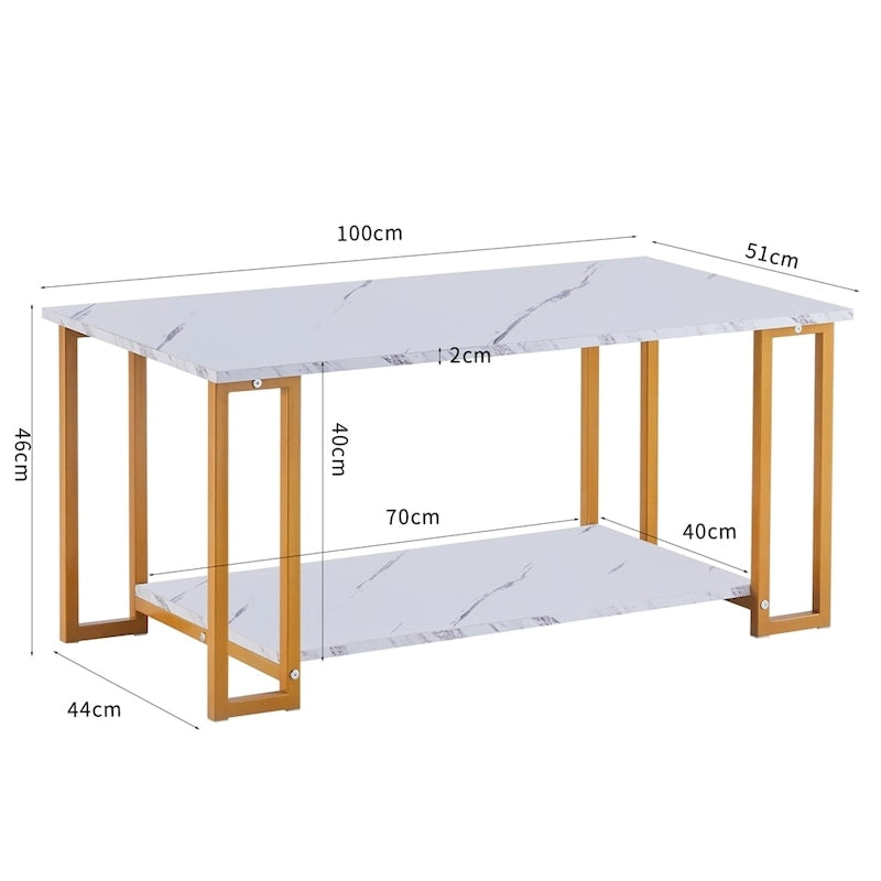 39.37L MDF Rectangle Tabletop Iron Coffee Table , Dining Room, Coffee Shop, Resterant, White Top, Gold Leg