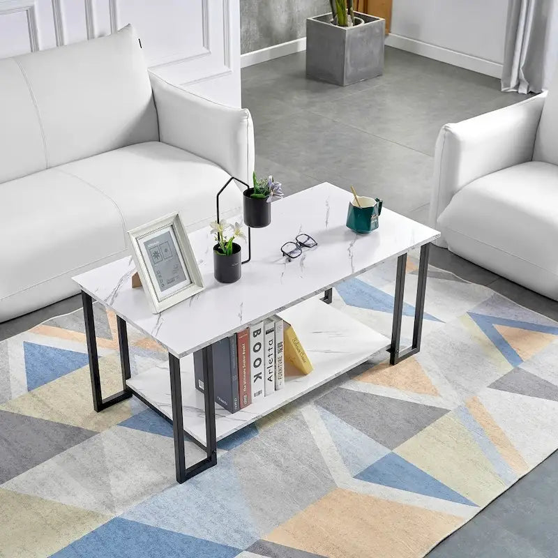 39.37L MDF Rectangle Tabletop Iron Coffee Table , Dining Room, Coffee Shop, Resterant, White Top, Gold Leg