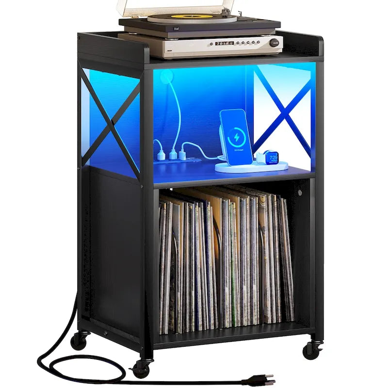 Moasis Record Player Turntable Stand Wheeled with LED Light, Charging Station
