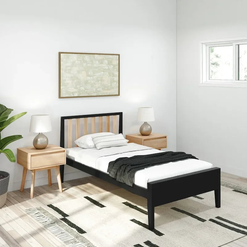 Scandinavian Twin Size Bed with Slatted Headboard