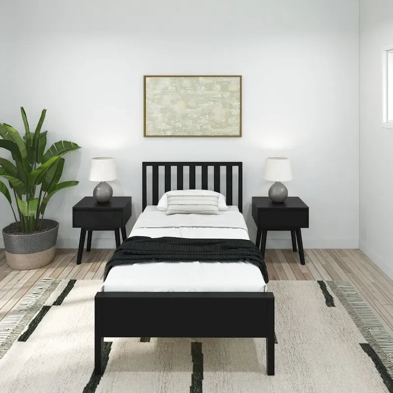 Scandinavian Twin Size Bed with Slatted Headboard