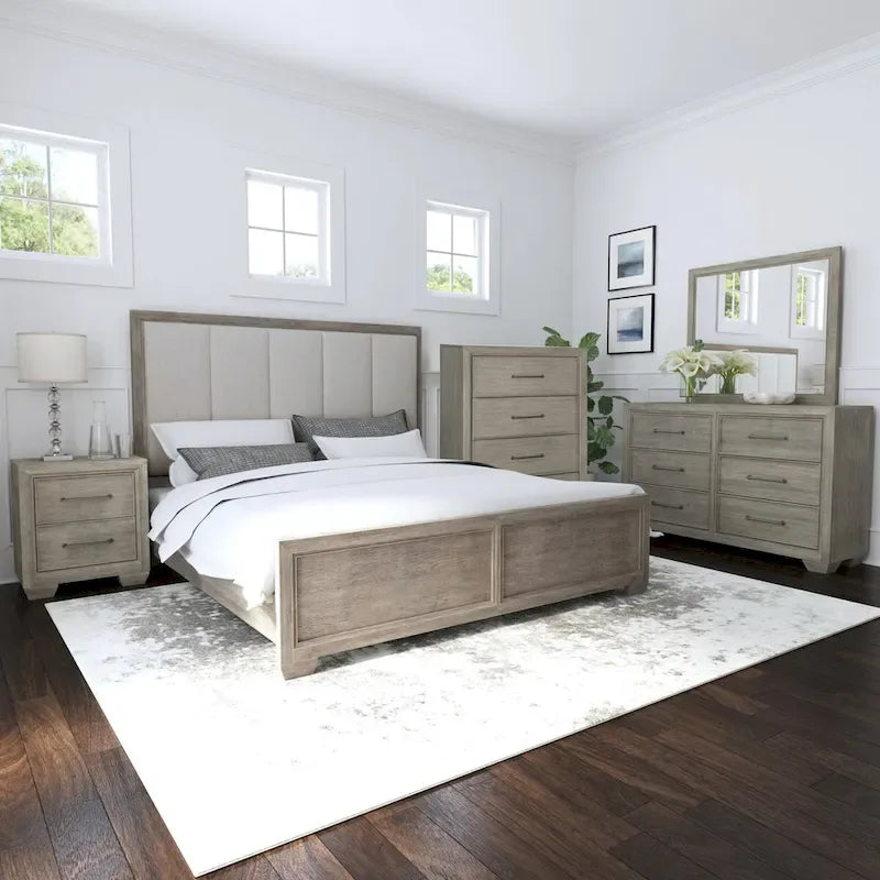  Ennesley Gray Wood Bedroom Set with Upholstered Panel Bed, Dresser, Mirror, Nightstand, and Chest