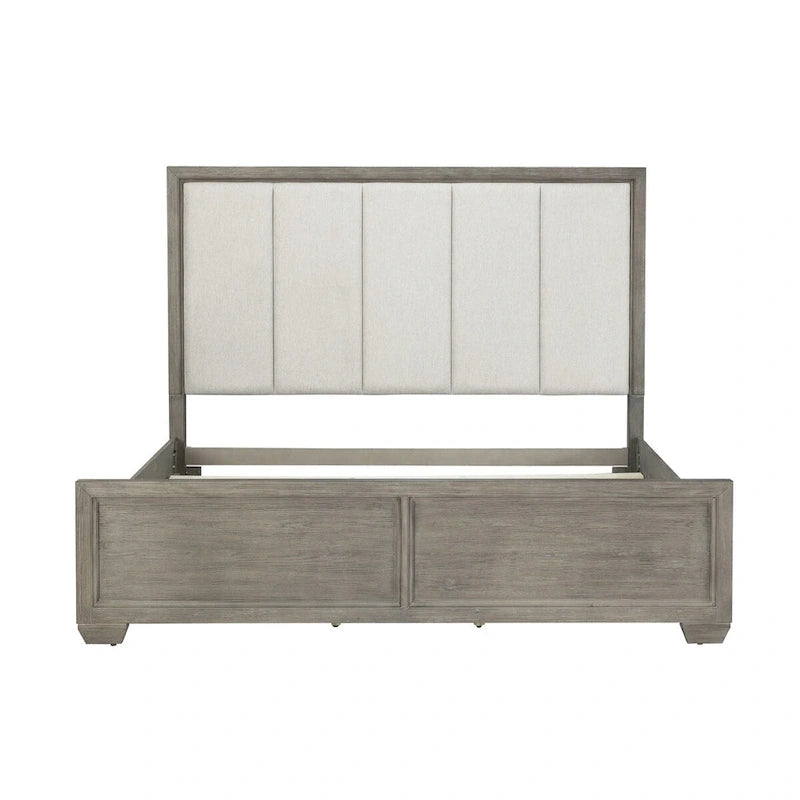 Ennesley Gray Wood Bedroom Set with Upholstered Panel Bed, Dresser, Mirror, Nightstand, and Chest