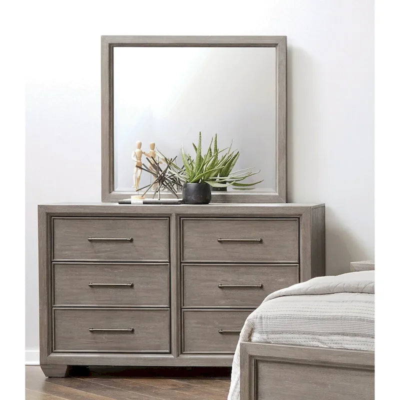 Ennesley Gray Wood Bedroom Set with Upholstered Panel Bed, Dresser, Mirror, Nightstand, and Chest