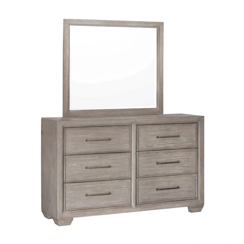 Ennesley Gray Wood Bedroom Set with Upholstered Panel Bed, Dresser, Mirror, Nightstand, and Chest