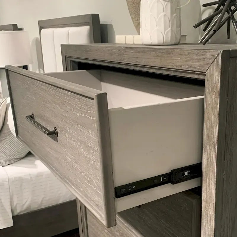 Ennesley Gray Wood Bedroom Set with Upholstered Panel Bed, Dresser, Mirror, Nightstand, and Chest