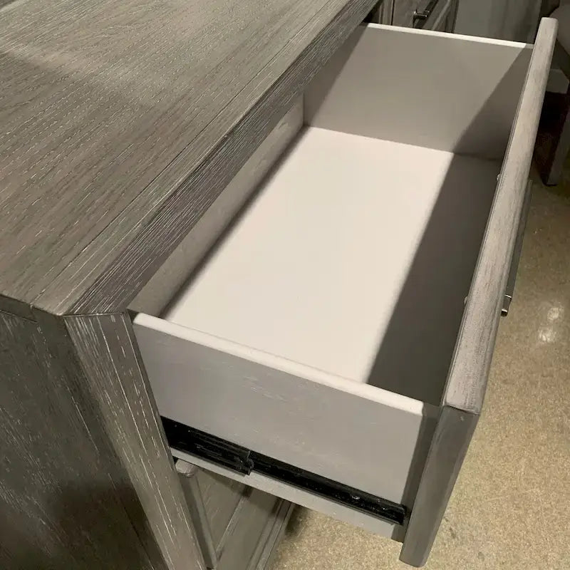 Ennesley Gray Wood Bedroom Set with Upholstered Panel Bed, Dresser, Mirror, Nightstand, and Chest