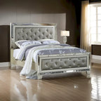 Reva Queen Bed, Mirror Inlaid, Button Tufted Gray Faux Leather Upholstery