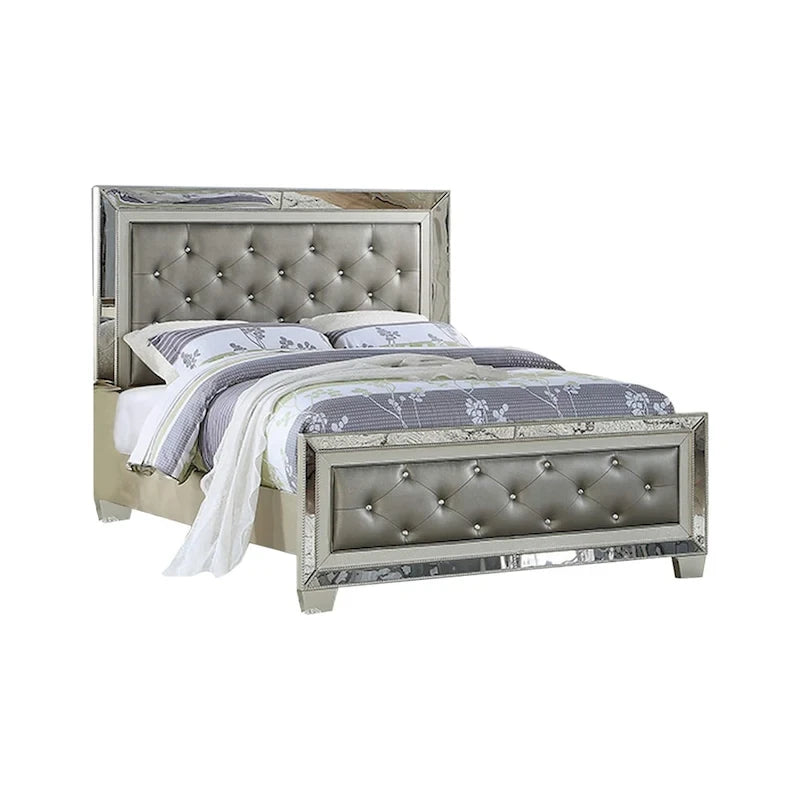 Reva Queen Bed, Mirror Inlaid, Button Tufted Gray Faux Leather Upholstery