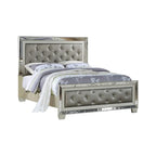 Reva Queen Bed, Mirror Inlaid, Button Tufted Gray Faux Leather Upholstery