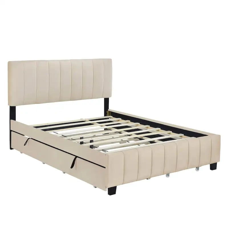 Queen Size Velvet Upholstered Platform Bed with 2 Drawers and 1 Twin XL Trundle