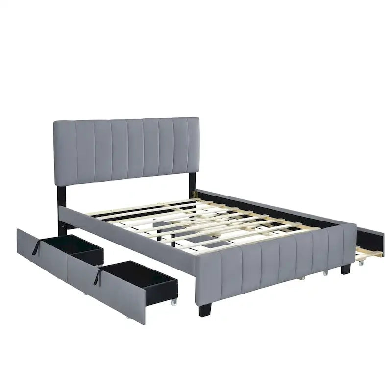 Queen Size Velvet Upholstered Platform Bed with 2 Drawers and 1 Twin XL Trundle