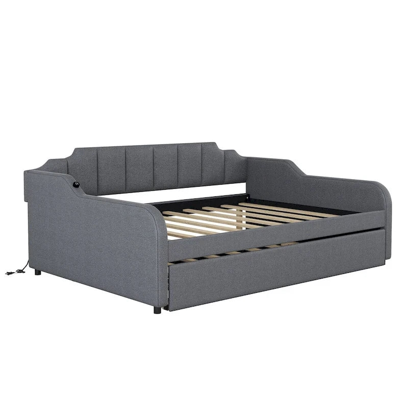Full Size Upholstery Daybed with Trundle and USB Charging Design,Trundle can be flat or erected