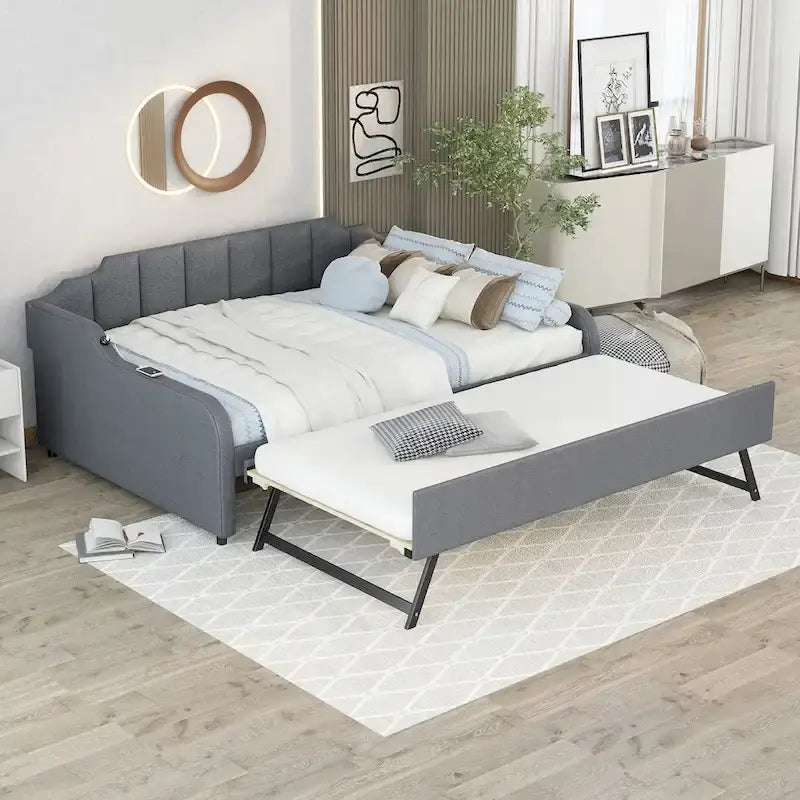 Full Size Upholstery Daybed with Trundle and USB Charging Design,Trundle can be flat or erected