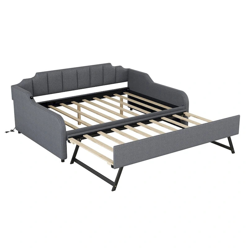 Full Size Upholstery Daybed with Trundle and USB Charging Design,Trundle can be flat or erected