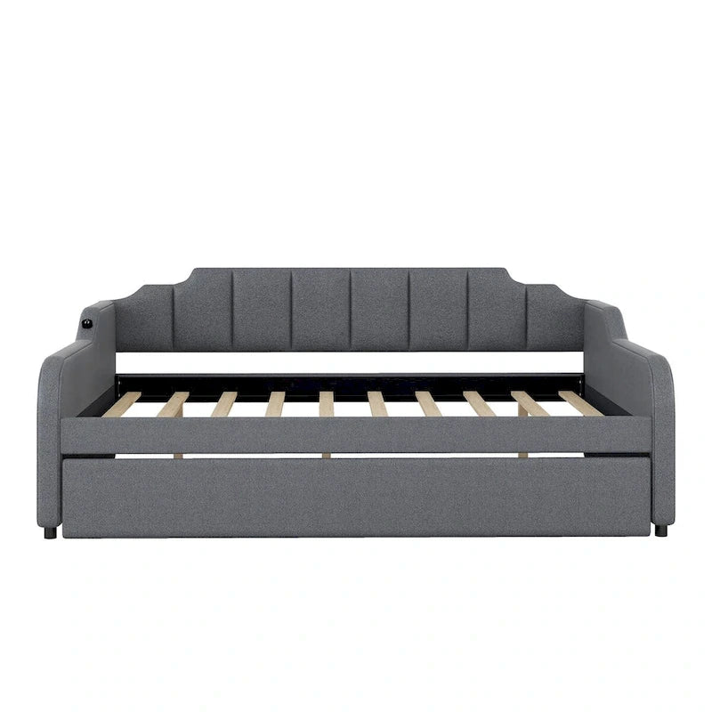 Full Size Upholstery Daybed with Trundle and USB Charging Design,Trundle can be flat or erected